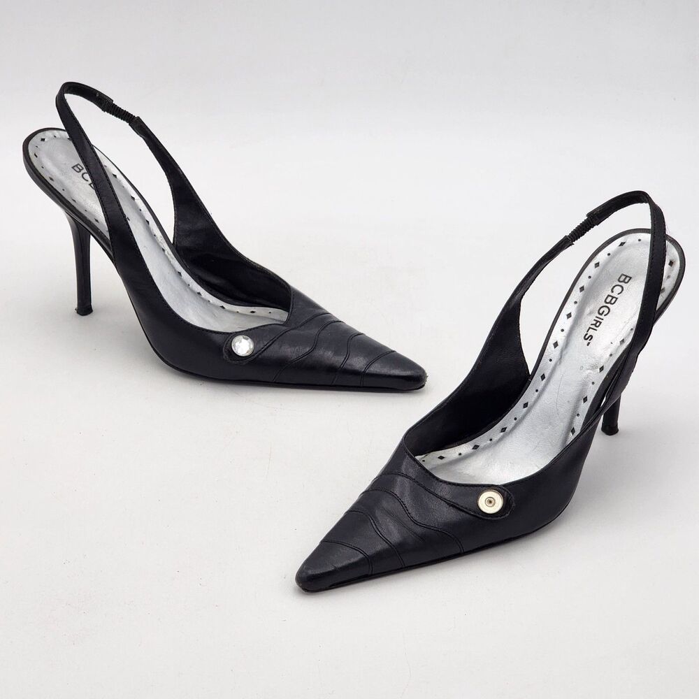 BCBGirls Y2K Ripple Leather Pointed Toe Slingback Pump Heels Black Size 8.5 RARE